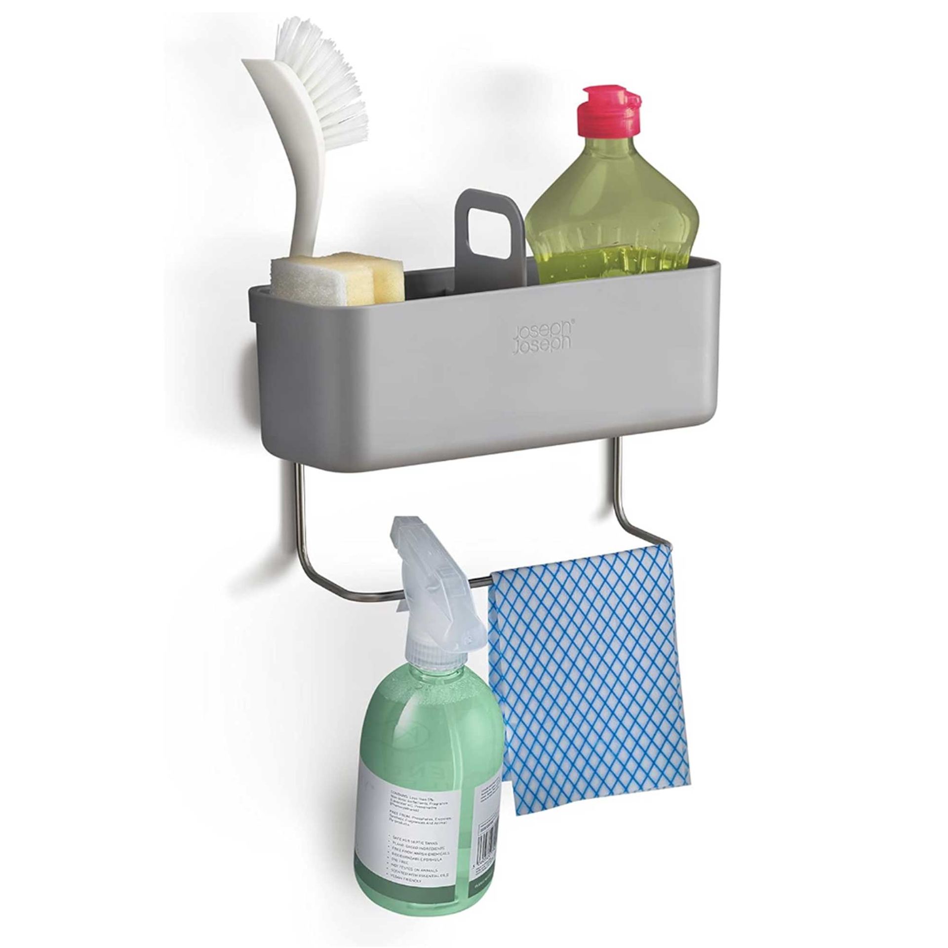 grey kitchen organise for a cupboard to store washing up liquid and cloths