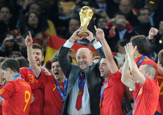 Spain manager Vicente del Bosque lifts the World Cup, 2010