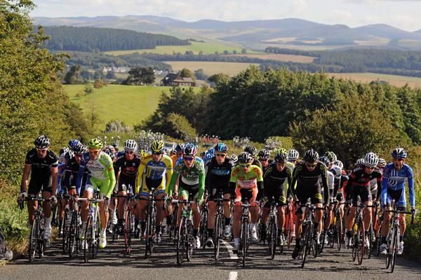 The peloton leaves Jedburgh early in stage 3 at the Tour of Britain.