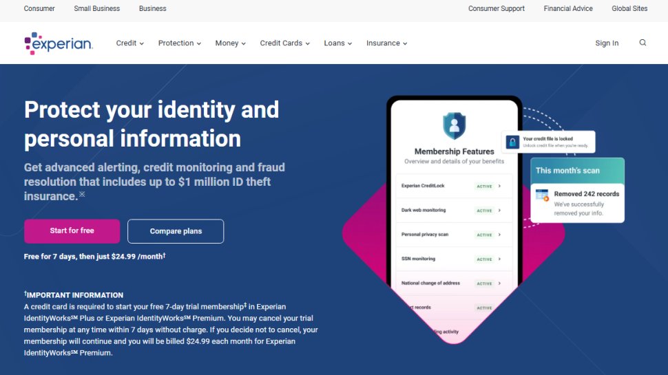 Website screenshot of Experian (August, 2025)