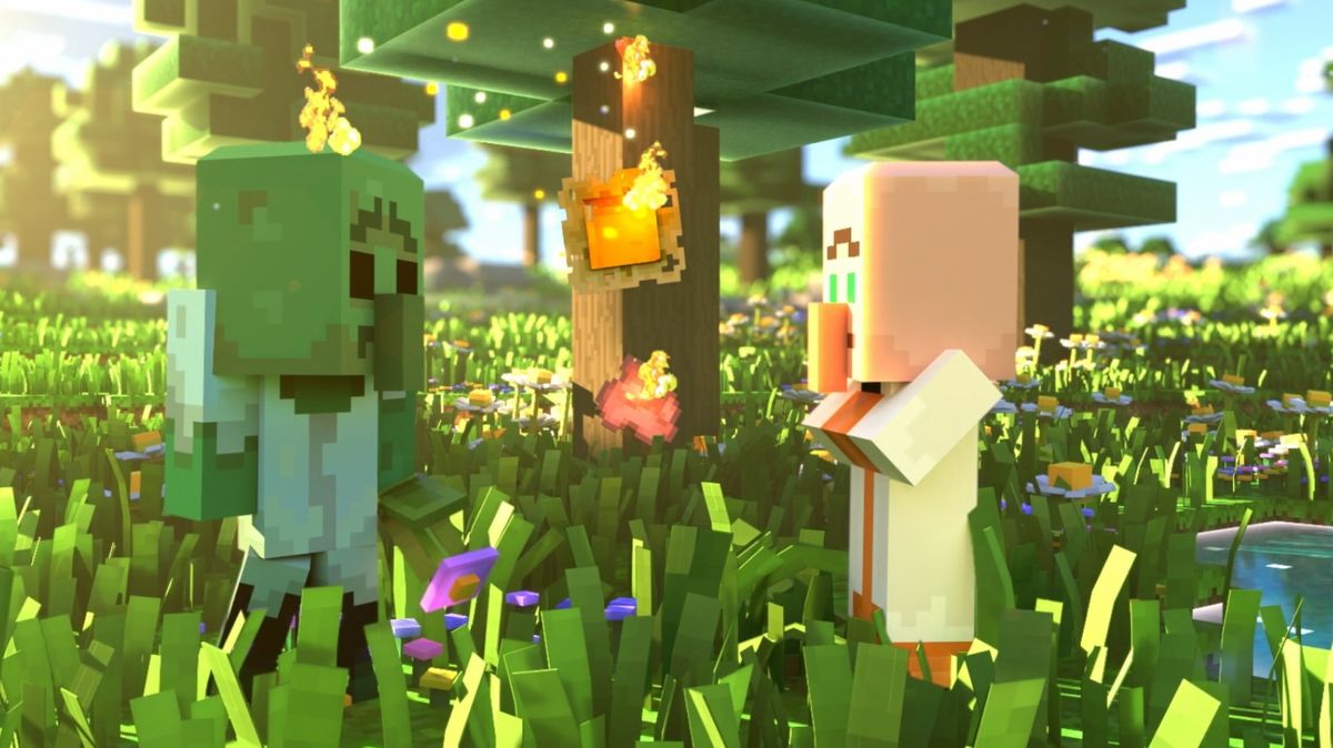 Minecraft Legends - A custscene of a zombie and villager standing together looking panicked while a tree catches fire behidn them