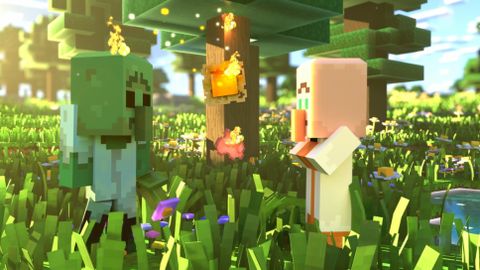 Minecraft Legends - A custscene of a zombie and villager standing together looking panicked while a tree catches fire behidn them