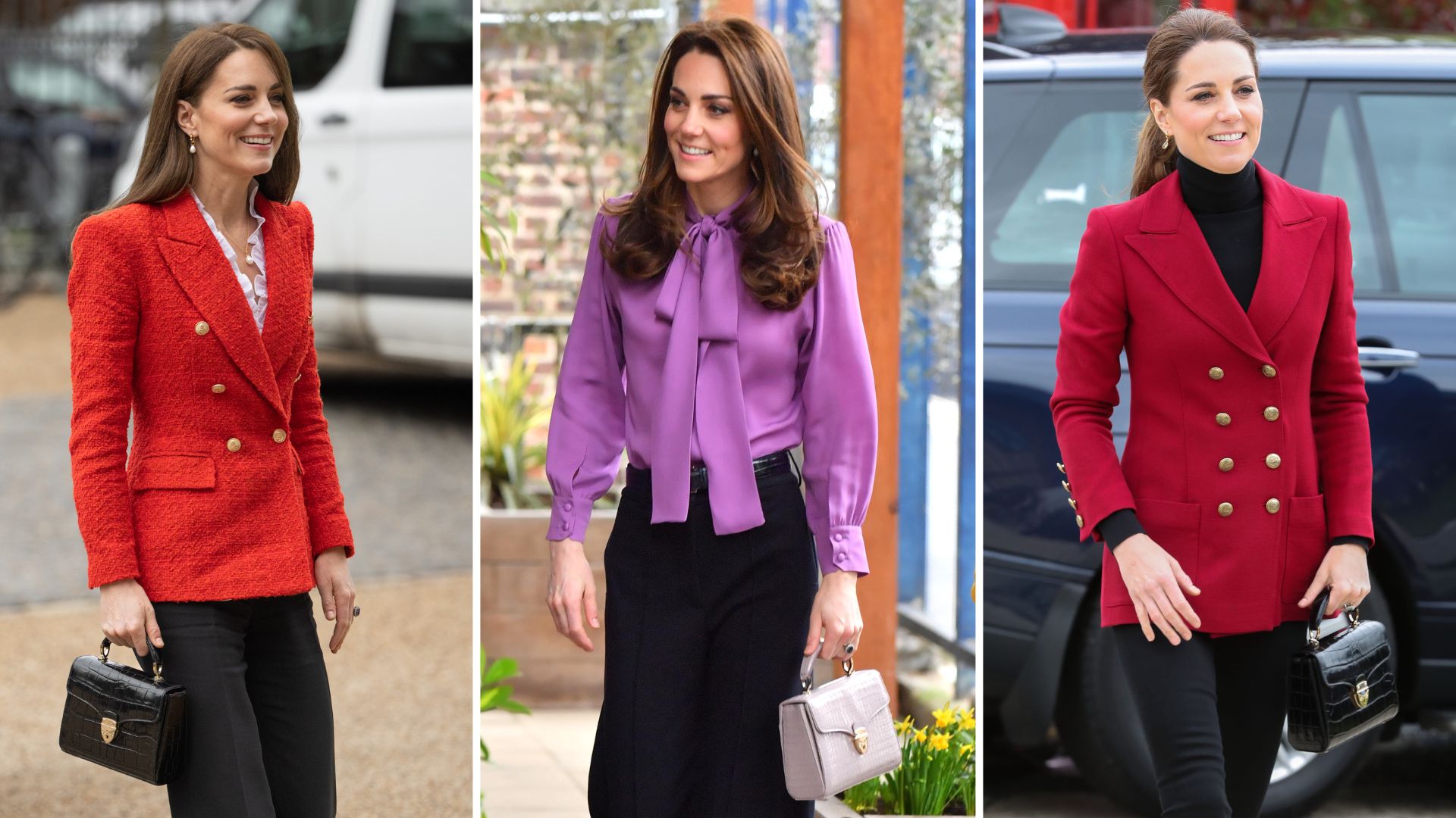 A composite of three pictures of the Princess of Wales carrying Aspinal Midi Mayfair bags