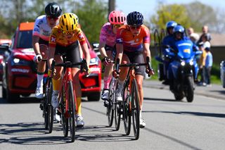 ROUBAIX FRANCE APRIL 16 LR Leonie Bos of Netherlands and Team Parkhotel Valkenburg Amalie Lutro of Norway and UnoX Women Cycling Team Tanja Erath of Germany and Team EF Education Tibco Svb and Katie Clouse of United States and Team Human Powered Health compete in the breakaway during the 2nd ParisRoubaix 2022 Womens Elite a 1247km one day race from Denain to Roubaix ParisRoubaixFemmes ParisRoubaix on April 16 2022 in Roubaix France Photo by Tim de WaeleGetty Images