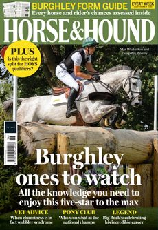 Cover of Horse and Hound featuring a shot of Max Warburton jumping grey gelding Deerpairc Revelry over a log fence at Burghley 2025