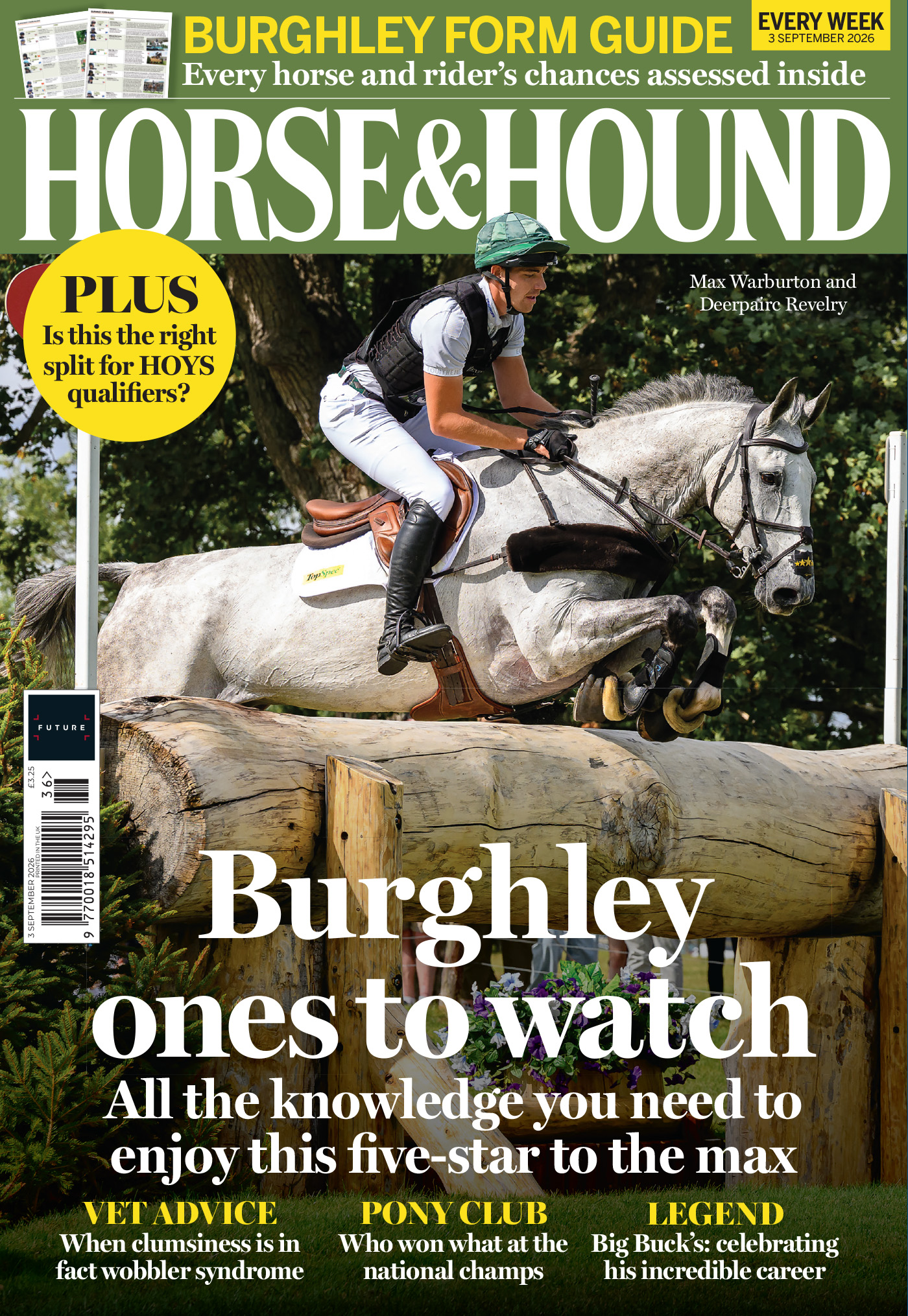 Cover of Horse and Hound featuring a shot of Max Warburton jumping grey gelding Deerpairc Revelry over a log fence at Burghley 2025