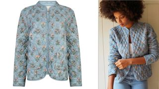 quilted denim jacket with floral print shown on and off the model