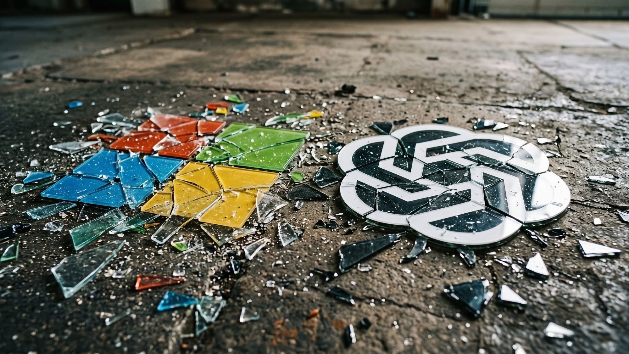 Broken stained glass resembles a shattered Microsoft logo alongside an OpenAI logo on a rough concrete floor.
