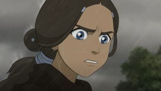 Katara standing in the rain looking angry in Avatar: The Last Airbender.