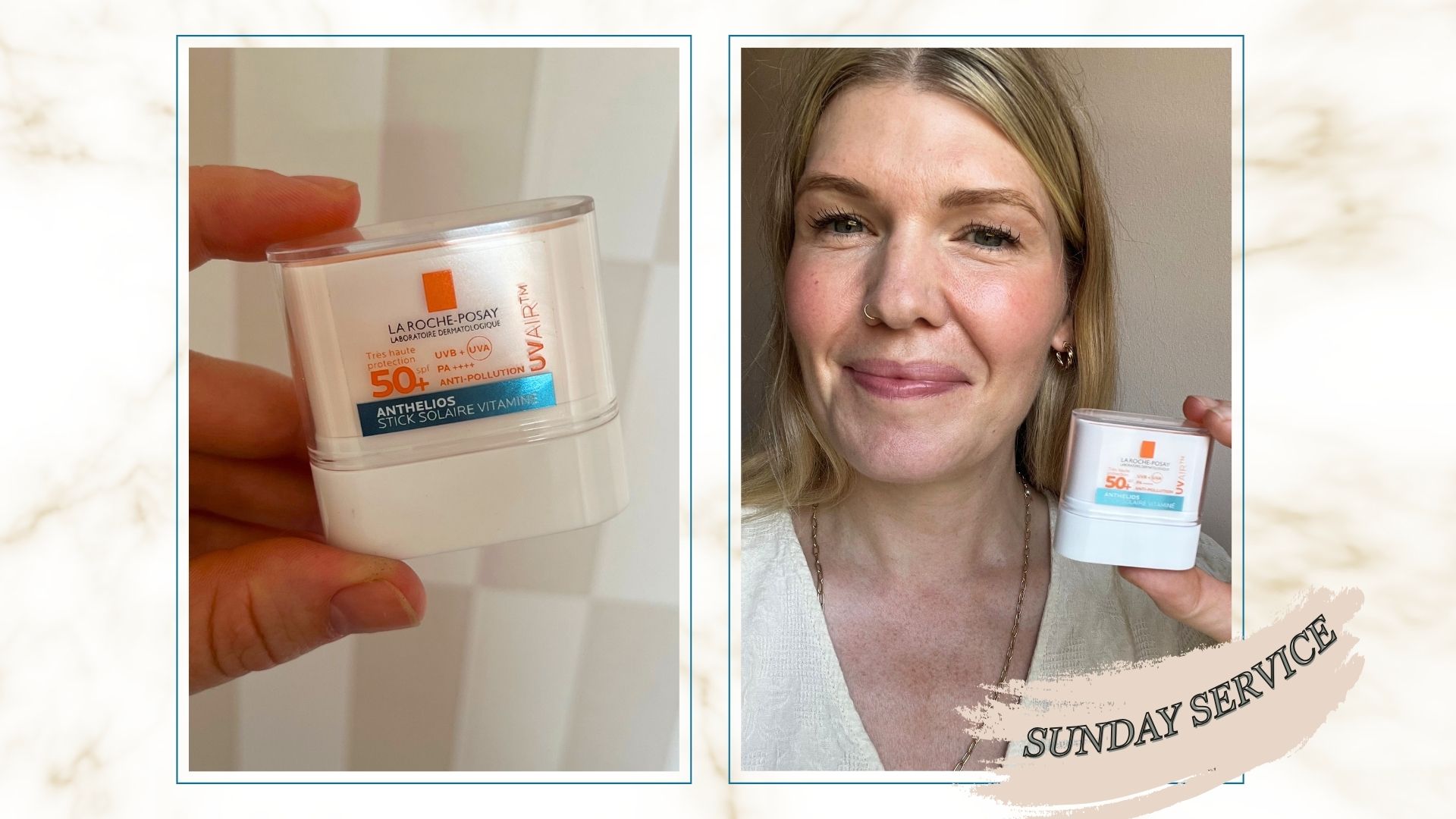 a hand holding La Roche Posay Solaire Stick beside an image of beauty editor Fiona McKim holding the solaire stick in a cream top