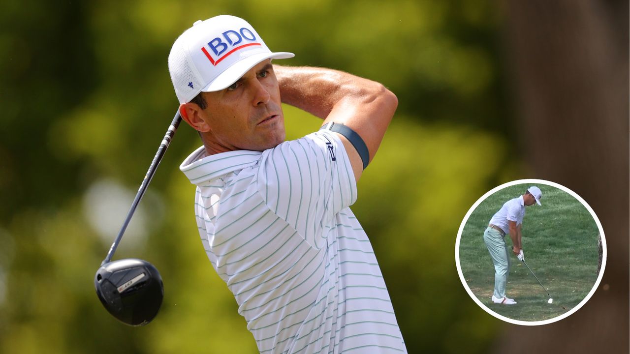 Billy Horschel taking a shot and an inset of his shot in the final round at the Valspar Championship