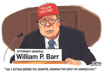 Political Cartoon U.S. Barr Trump MAGA hat