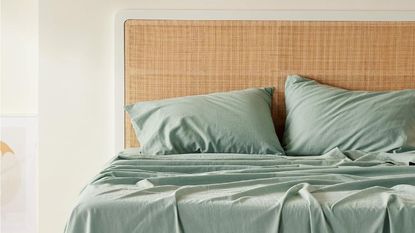 Bedsure Cooling Sheets on a bed against a white wall.