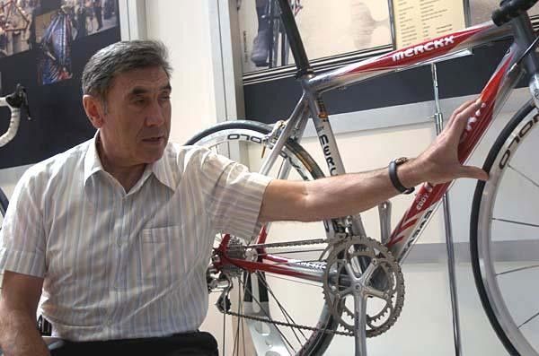 Merckx with a bike from his range that was on display at the Bicycling Australia show