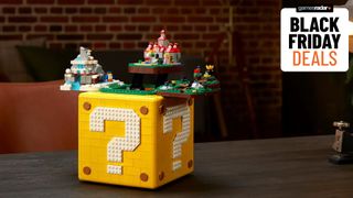 The Lego Super Mario Question Mark block on a table