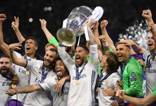 Sergio Ramos lifts the Champions League trophy after Real Madrid's win over Juventus in the 2017 final in Cardiff.