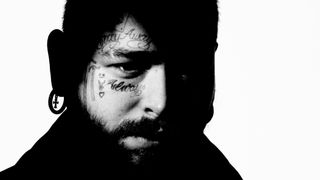 Close black and white picture of Post Malone against white background