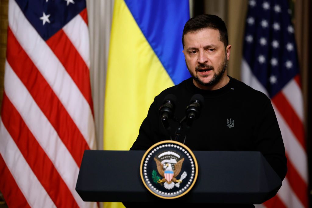 Ukrainian President Volodymyr Zelenskyy speaks during a news conference with and U.S. President Joe Biden