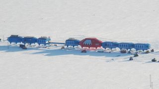 A view of the Halley VI base from the air. Eight movable modules provide accommodation and research facilities for up to 70 scientists and staff.