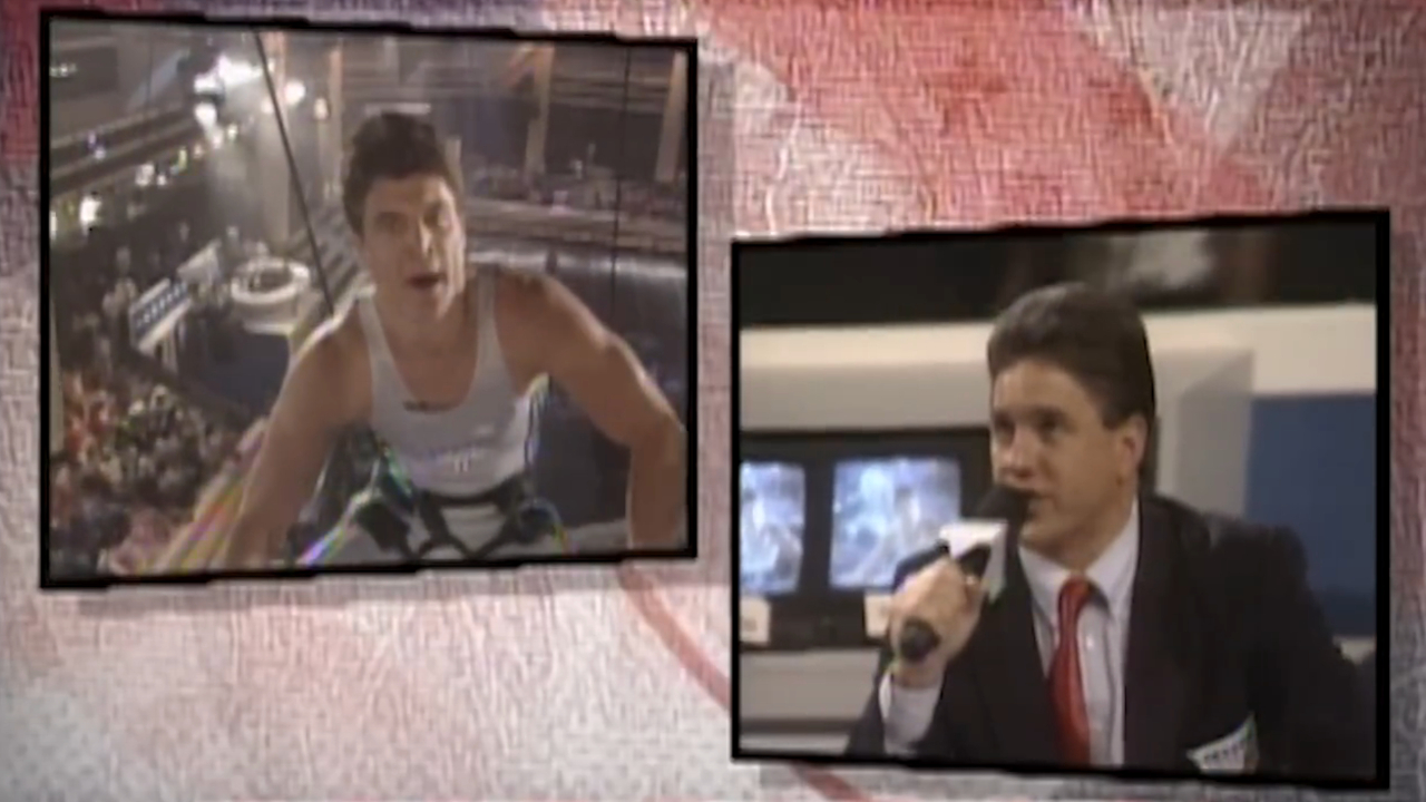 A split screen interview in progress after a challenge in American Gladiators S3 E4.