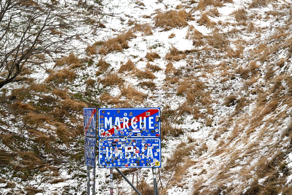 GIULIANOVA ITALY MARCH 07 Detail view at the Forca di Presta 1538 m snowy landscape during the the 59th TirrenoAdriatico 2024 Stage 4 a 207km stage from Arrone to Giulianova UCIWT on March 07 2024 in Giulianova Italy Photo by Tim de WaeleGetty Images