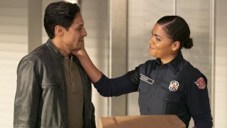 Theo Ruiz (Carlos Miranda) and Vic Hughes (Barrett Doss) have a friendly exchange during the Station 19 series finale.