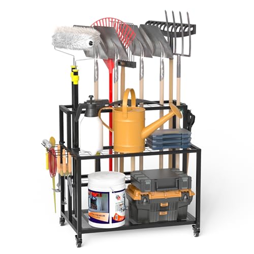 Anvuda Heavy Duty Garden Tool Storage,3 Tier Metal Shed Storage Organiser,rolling Tool Storage Rack With Lockable Universal Wheels,garden Tool Rack,yard Tool Holder for Garage