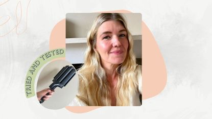 beauty editor Fiona McKim with wavy hair next to an image of a hand holding the ghd Wave