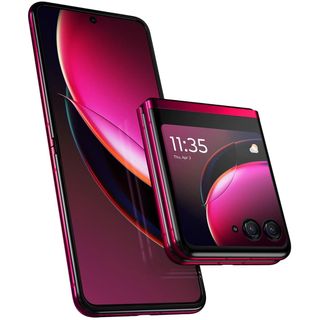 Motorola Razr Plus open and closed in viva magenta color showing both internal and cover displays