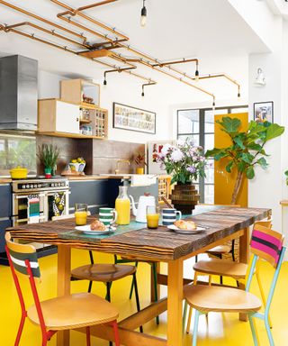 modern kitchen with yellow floor in east london victorian terrace