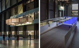 Pictured left: a ghost-like white marquee is installed on the Turbine Hall’s Level 1 bridge. Right: the suspended, gliding cinema space occasionally stops to show one of two films.