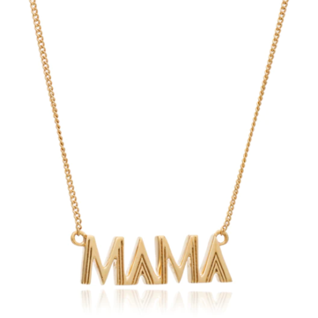 ethical jewellery: gold necklace reading mama in art deco design
