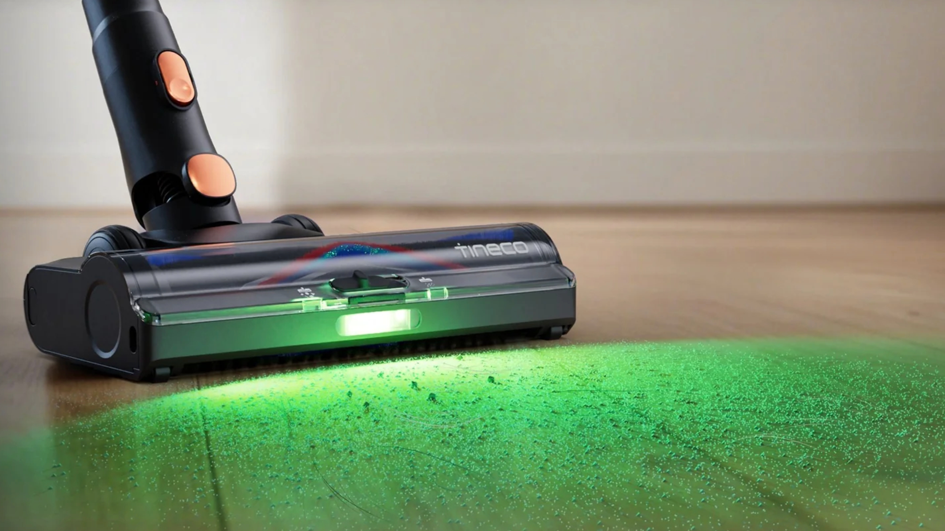 Tineco Pure One S70 cordless vacuum cleaner in use showing the built in light