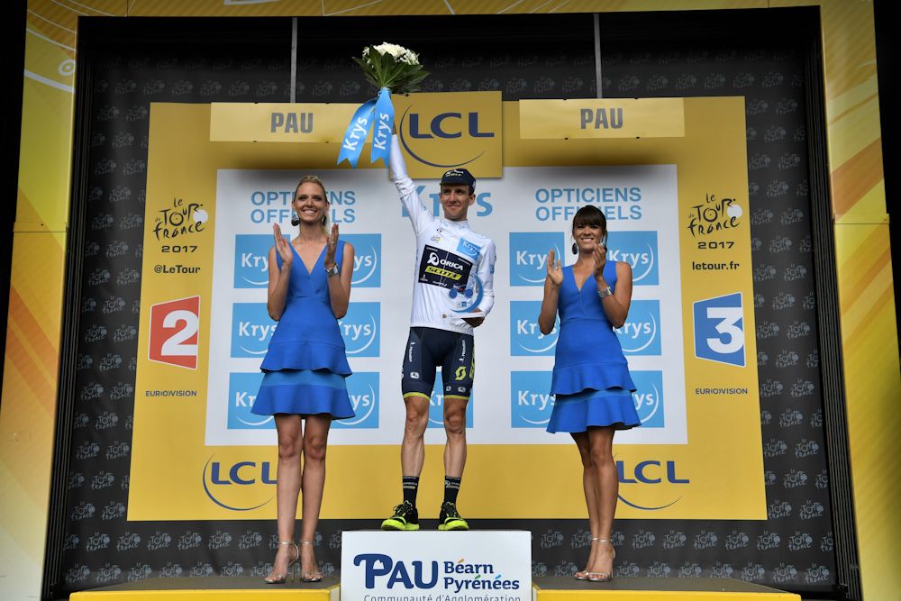 Simon Yates in the white jersey after stage 11