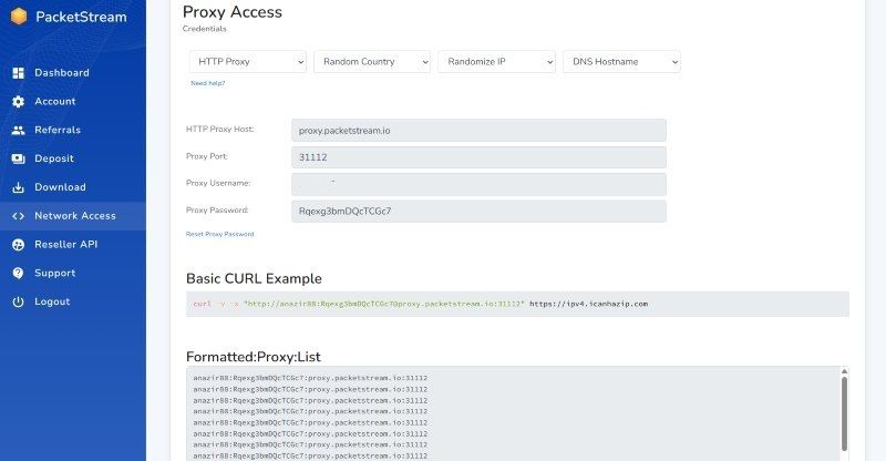PacketStream proxy access