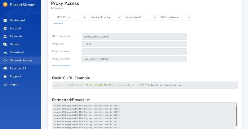 PacketStream proxy access
