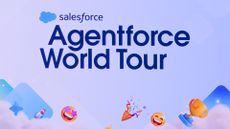 The Salesforce logo above the words "Agentforce World Tour", with emojis at the bottom of the screen.