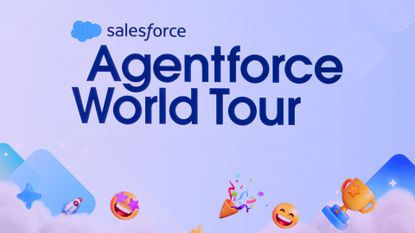The Salesforce logo above the words "Agentforce World Tour", with emojis at the bottom of the screen.