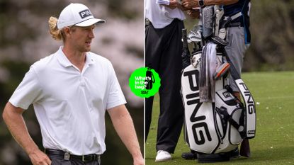 Travis Smyth walks down the fairway, with a close up of his golf bag