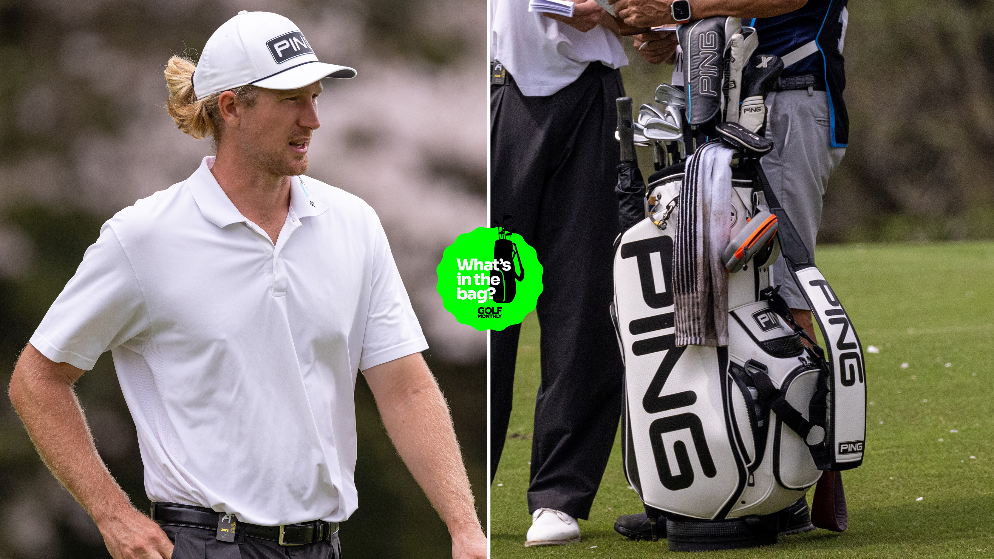 Travis Smyth walks down the fairway, with a close up of his golf bag