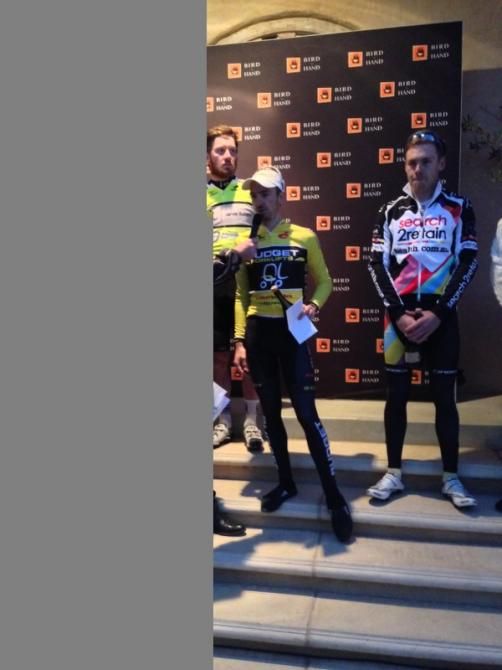 Stage winner Blair Windsor (Budget Forklifts) is interviewed with George Tansley (Euride Racing) left and Cam Bayly (search2retain-health) right.