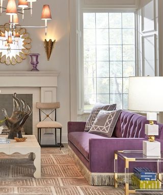 maximalist living room with purple sofa and quirky accessories
