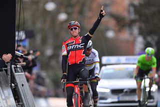 Greg Van Avermaet winning Omloop Het Nieuwsblad ahead of Peter Sagan and Sep Vanmarcke