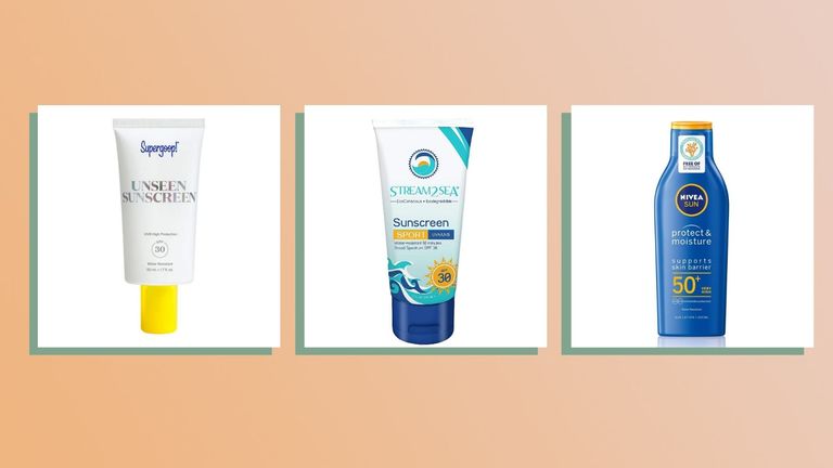 Collage of three of the best reef safe sunscreen by supergoop, sea and sky and nivea