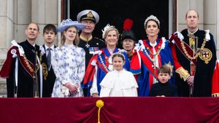 Prince Edward, Duke of Edinburgh, Lady Louise Windsor, Vice Admiral Sir Timothy Laurence, Sophie, Duchess of Edinburgh, Princess Charlotte of Wales, Anne, Princess Royal, Catherine, Princess of Wales, Prince Louis of Wales, Prince William, Prince of Wales on the Buckingham Palace balcony during the Coronation