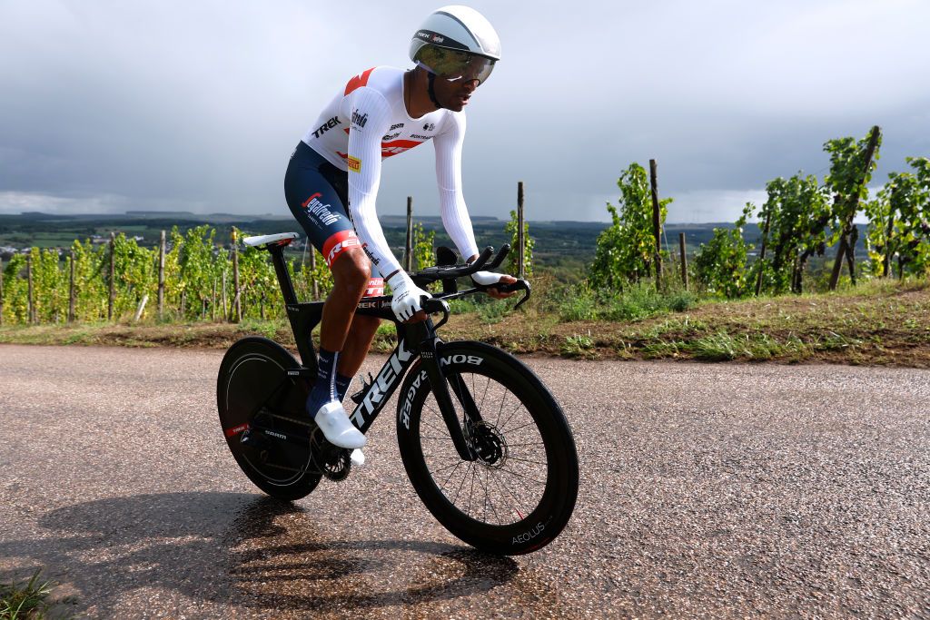 REMICH LUXEMBOURG SEPTEMBER 16 Amanuel Ghebreigzabhier of Eritrea and Team Trek Segafredo sprints during the 82nd Skoda Tour Luxembourg 2022 Stage 4 a 261km individual time trial stage from Remich to Remich on September 16 2022 in Remich Luxembourg Photo by Bas CzerwinskiGetty Images