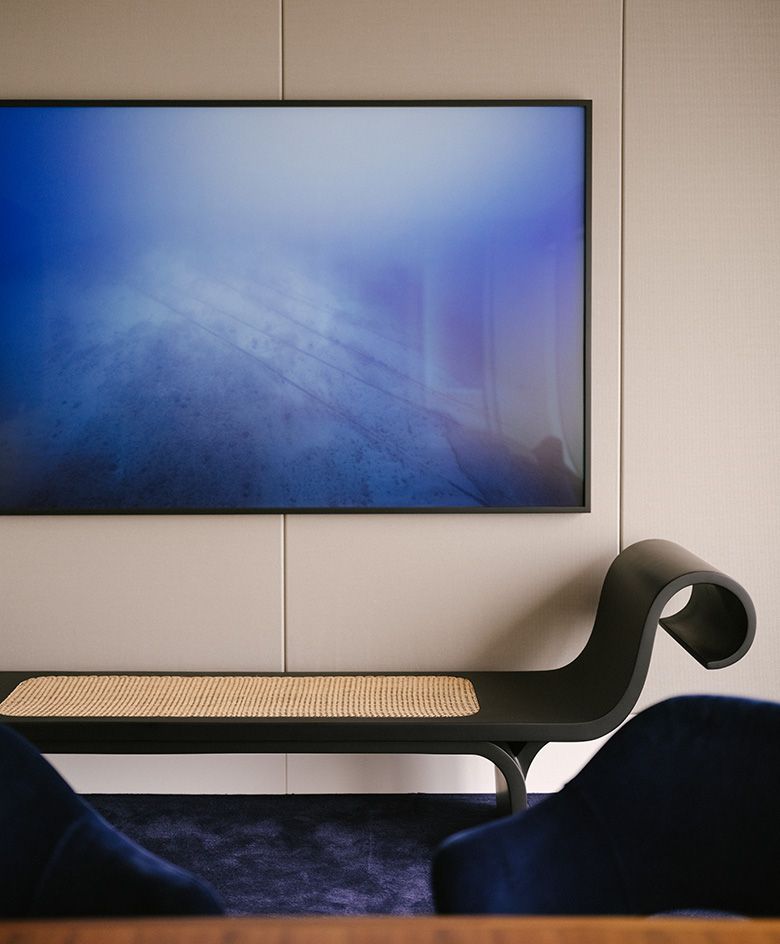 Hong Kong brutalist inspired office by Brewin interior detail with blue painting