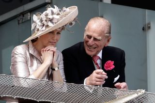Prince Philip, Duke of Edinburgh and Sophie, Countess of Wessex wait for the start of the Epsom Derby