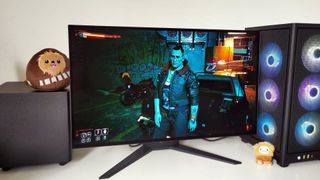 Corsair Xeneon 27QHD240 monitor with Jackie from Cyberpunk 2077 on screen