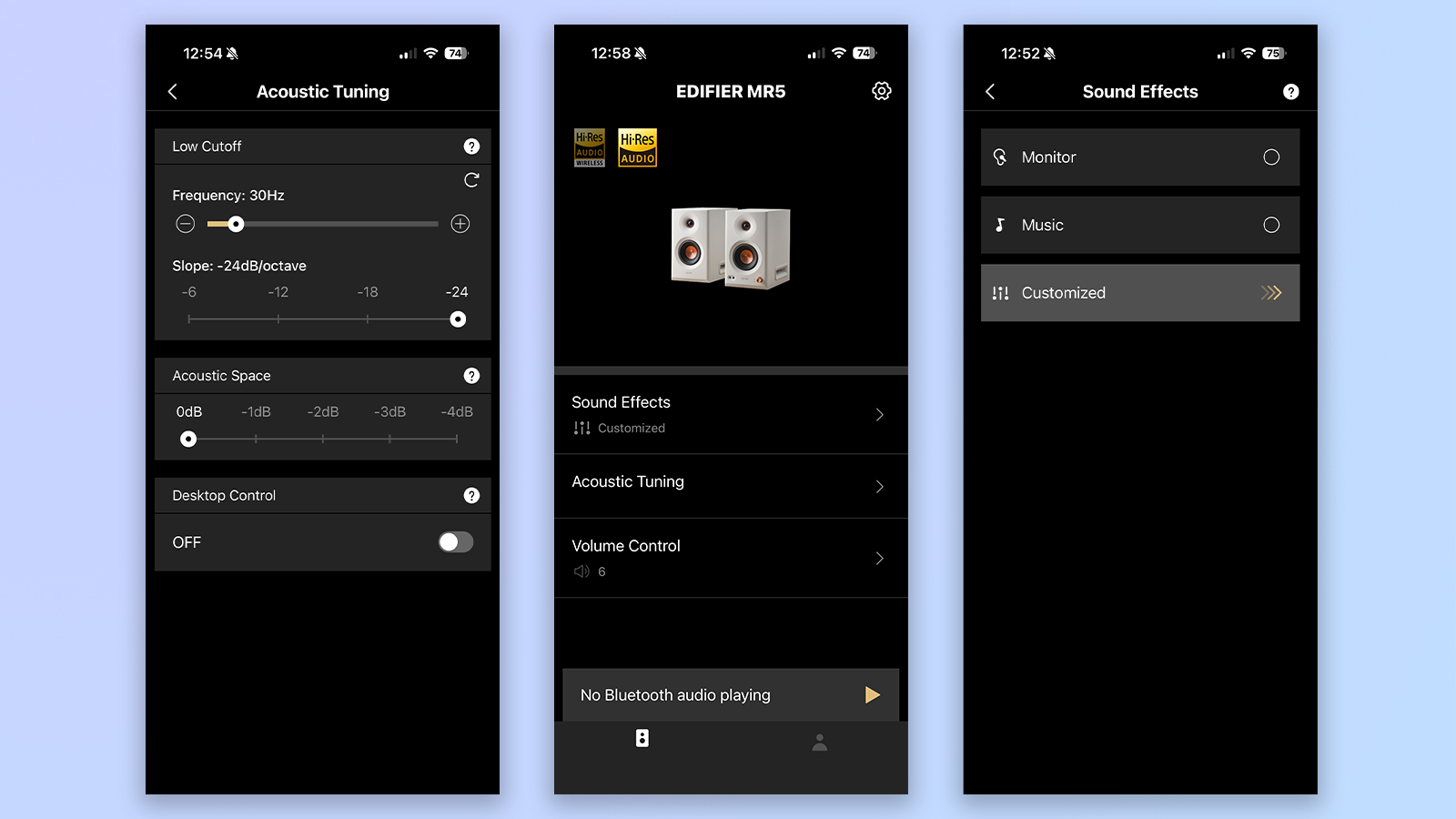 three screenshots from the edifier connex app showing the customization options